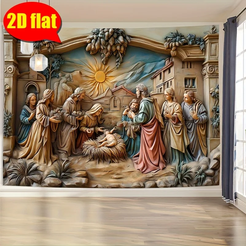 Nativity Scene Tapestry 3D Relief Style Biblical Art Living Room Bedroom Office Christian Decor Wall Hanging