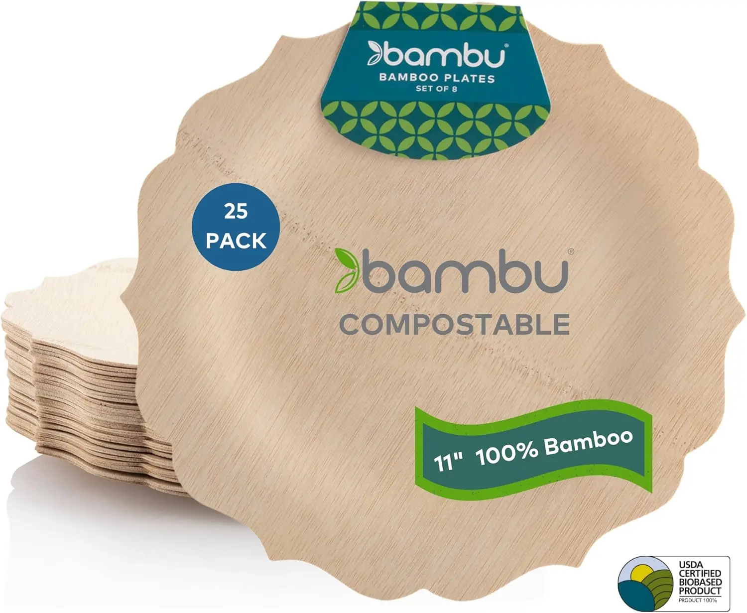 

Eco-Friendly Disposable Bamboo Plates, 11-Inch, Pack of 25 for Parties and Events