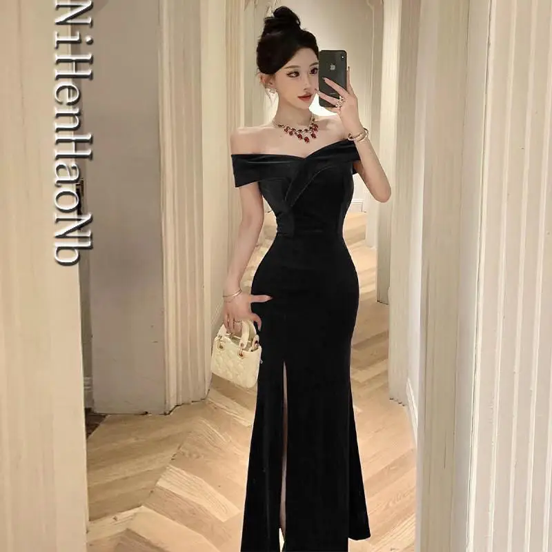 Christmas Vintage Sexy Club Prom Red Dresses Off The Shoulder Slit Velvet Evening Dress Bodycon Bridesmaid Dress