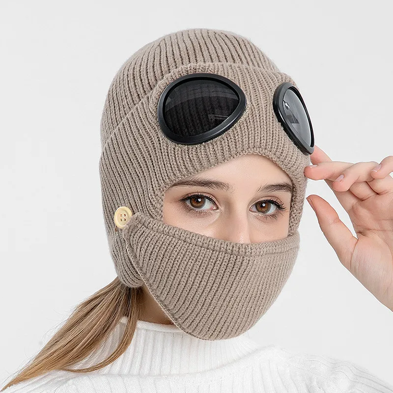 Autumn and Winter Warm Hat New Aviator Glasses Ear Protection Plus Velvet Warm Wool Knitted Hat with Mask