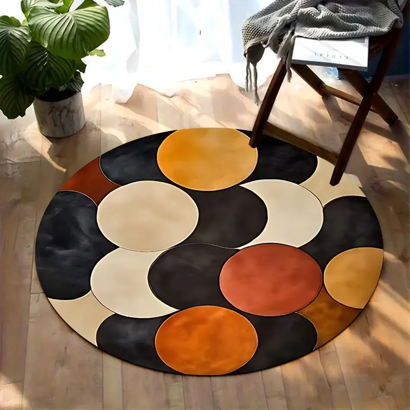 Retro color-blocking design Flannel-printed round floor mats are slip-resistant Suitable for living room terrace garden carpets