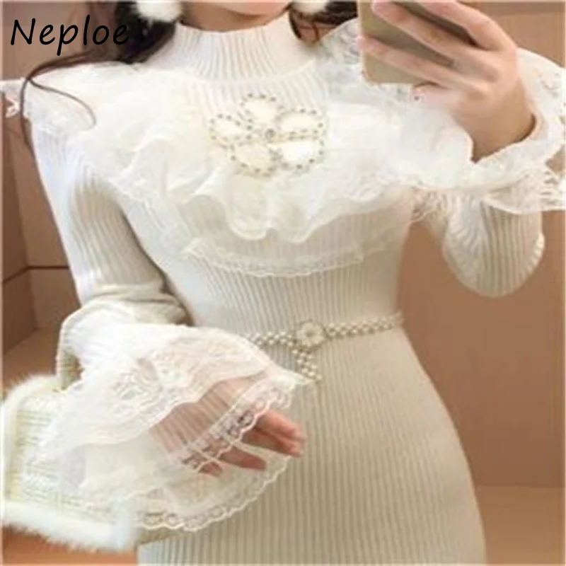 Neploe Stand Neck Lace Patchwork Rhinestone Robe Femme Solid Color Long Sleeve Hip Package Dresses Vestidos De Mujer Elegant