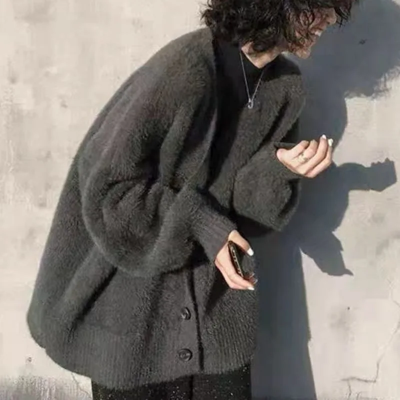 Imitation Mink Fleece Sweater Top New Autumn Winter Lazy Wind Loose Casual Knitted Cardigan Jacket Women's Thick Warm Coat