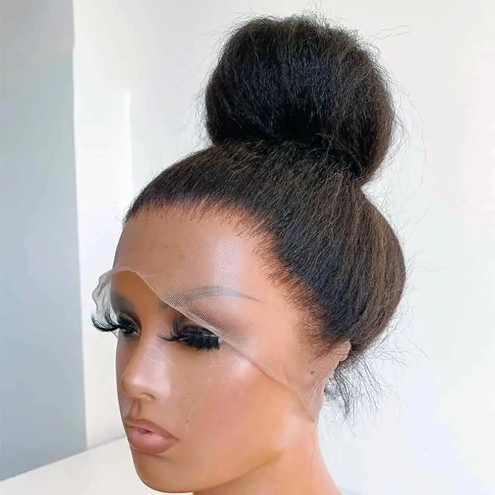 Soft Yaki Preplucked 18Inch Short Natural Black 180Density Lace Front Wigs For Women Kinky Curly Baby Hair Glueless Good Texture