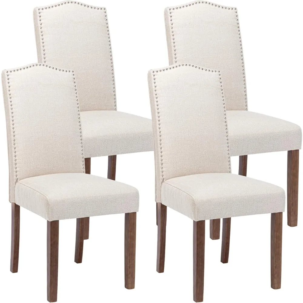 Stylish Upholstered Parsons Dining Chair with Nailhead Trim and Sturdy Solid Wood Legs, Set of 4, Cream