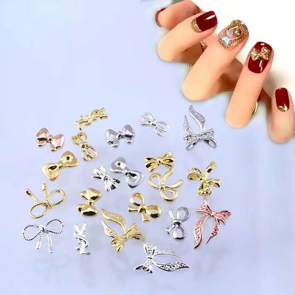 20pcs Alloy Ribbon Bows Nail Art Charm 3D Gold/Silver Mini Hollow Bowknot  Shiny Nail Decor Parts DIY Japanese Design Nail Parts