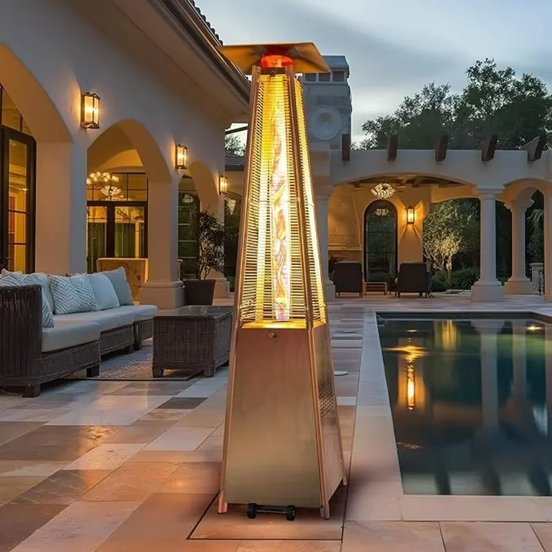 Modern Stainless Steel Gas Heater Outdoor Patio Pulse Ignition Wind Rain Resistant Dual-Ring Burner System Visible Flame Design