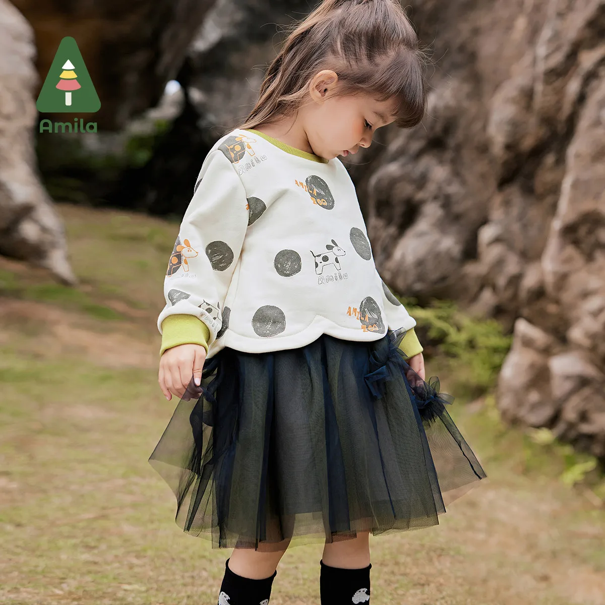 Amila Baby Dress 2024 Autumn New Girls Original Fake Two-Piece Round Neck Polka Dot Top Contrast Color Children’S Gauze Skirt