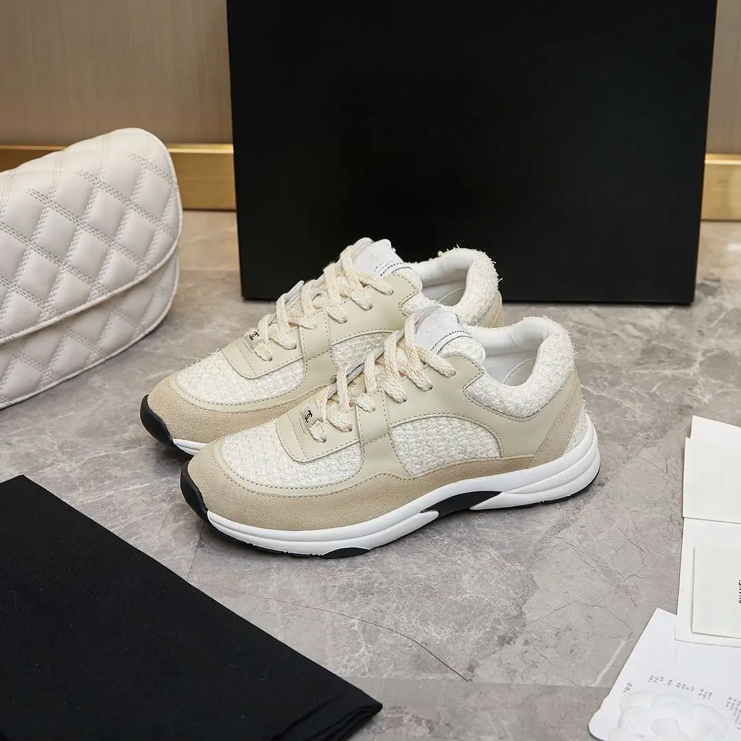 Unisex Beige Tweed Suede Patchwork Sneakers Lace Up Thick Sole Casual Fashion Trainers for Men Women