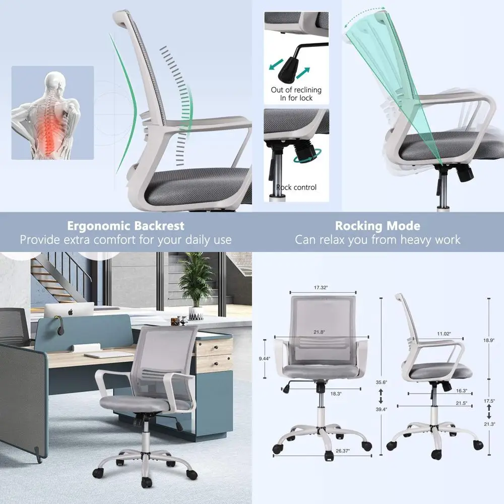 

Эргономичное сетчатое кресло с поддержкой поясницы и подлокотниками для дома и офиса, серое