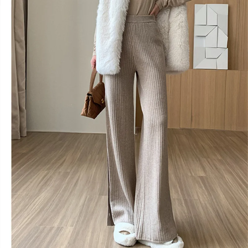 

Knitted Split Button Wide Leg Pants Straight Casual High Waist Pants Keep Warm In Autumn Solid Loose Cosy Woman Trousers E2549