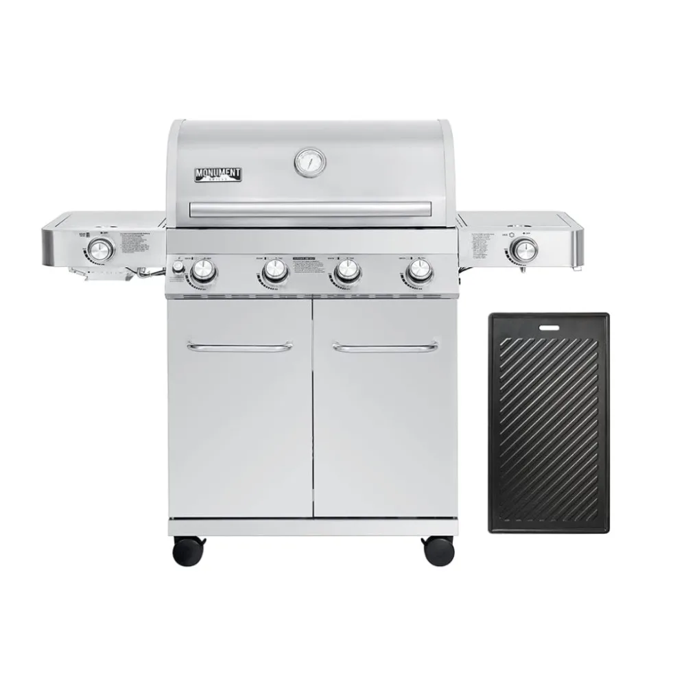 

Monument Grills Larger 4-Burner Propane Gas Grills Enclosed Cabinet Stainless Steel with Cooking Plate(2 Items)