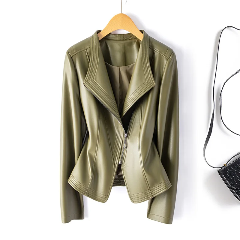 

Осень-зима 202, новая простая однотонная женская мотоциклетная кожаная куртка, модная женская повседневная облегающая кожаная куртка с лацканами