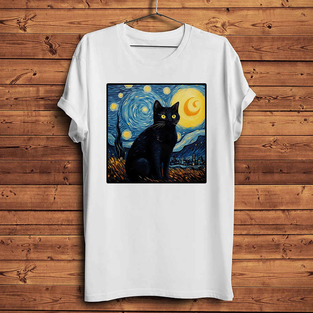 Van Gogh Starry Black Cat Funny Meow Artistic T Shirt Men Homme Daily Short Sleeve Casual TShirt Unisex Breathable Print Tee