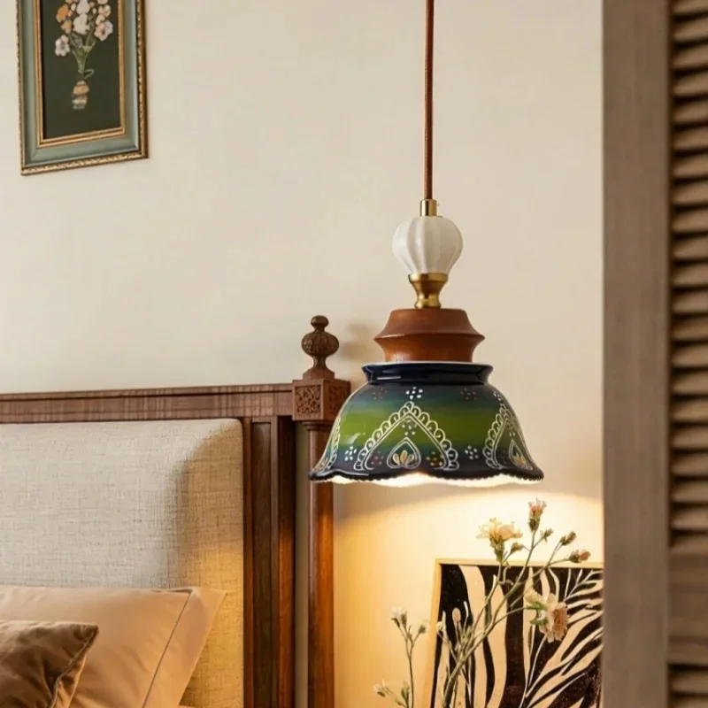 Hand Painted Ceramic Pendant Light Retro Wooden Bead Hanging Lamp Vintage Ceiling Lamp for Kitchen Island Bedroom Dining Room