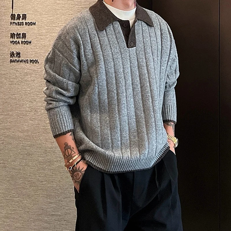 Trendy Contrast Color Patchwork Polo Sweater Men Clothing Long Sleeve Knitting Jumper Tops Mens Fall Winter Casual Knitted Polos