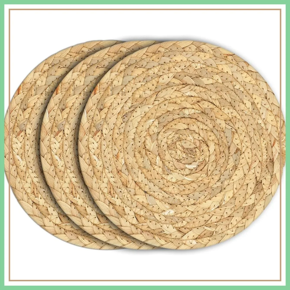 

Boho Trivets for Hot Dishes, Pots and Pans, Farmhouse Water Hyacinth Hot Pads 8 Inch, Straw Pot Holders for Kitchen, Rustic Braided Heat Resistant Mat, Jute Coasters Set Wicker Decor (Natural 3 Pcs)