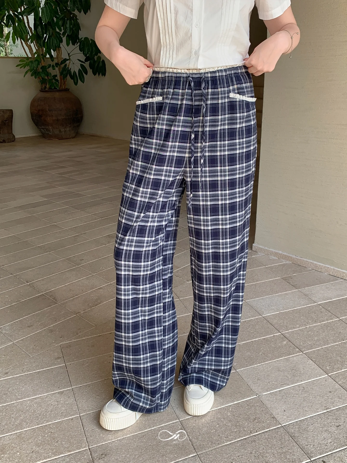 

plus Size Women's Plaid Straight Leg Pants High Waist Cotton Blend Comfortable Casual Trousers Vintage Patchwork Design