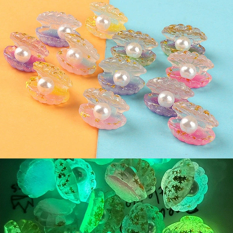 10 szt. Świecące w ciemności, urocze, trójwymiarowe, gradientowe gwiazdki z cekinami, otwierane perły, muszelki tęczowe, kremowe kleje, żywica, zabawki