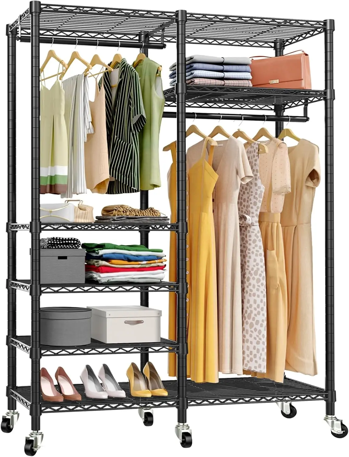 Vipek R4 Rolling Garment Rack 6 Tiers Adjustable Heavy Duty Wire Shelving Clothes Rack With Double Rods And Lockable Wheels,