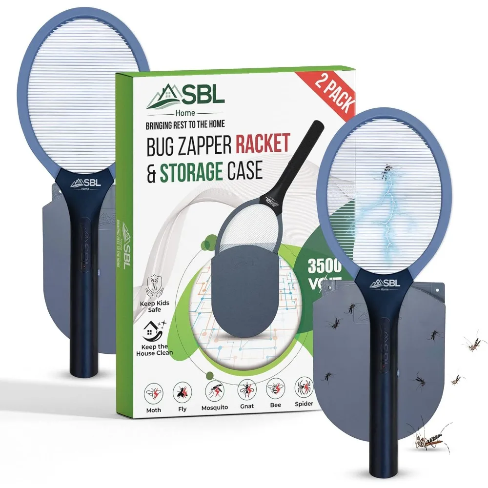 

Dual Pack Electric Fly Swatter Racket Mosquito Bug Zapper Bat with Wall Mount Case Gray Black