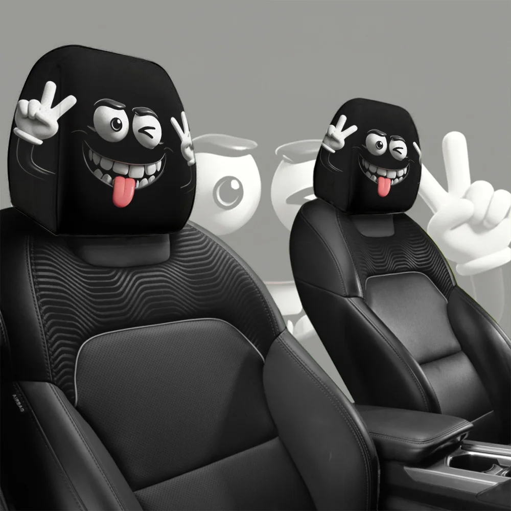 Fun Biye Tongue sticking out car headrest cover two-piece set, washable and retractable car interior parts, perfect holiday gift