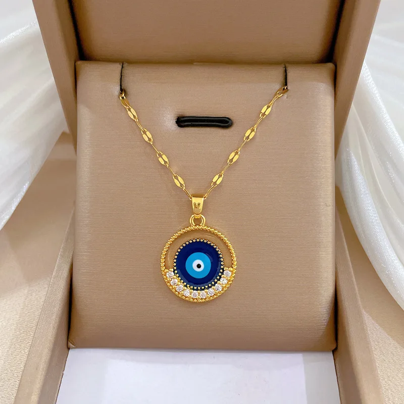 Turkish Lucky Evil Eye CZ Necklace Women Blue Eyes Female Charm Fashion Enamel Round Disc Stainless Steel Chain Necklace Jewelry