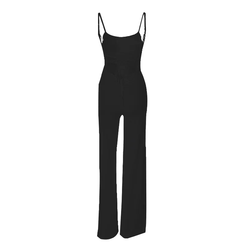 InstaLike-Women\'s Sexy Lace Up Backless Strap Rompers, Slit Overalls, Wide Leg Jumpsuit, Outfits, Streetwear, Summer, Y2K, 2024