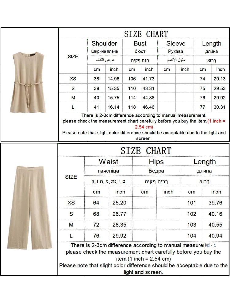 TRAF Two Pieces Women Causal Top Pant Suit Fashion O-neck Lace-up Sleeveless Shirts Elastic Waist Wide Leg Pant Ladies Outfits