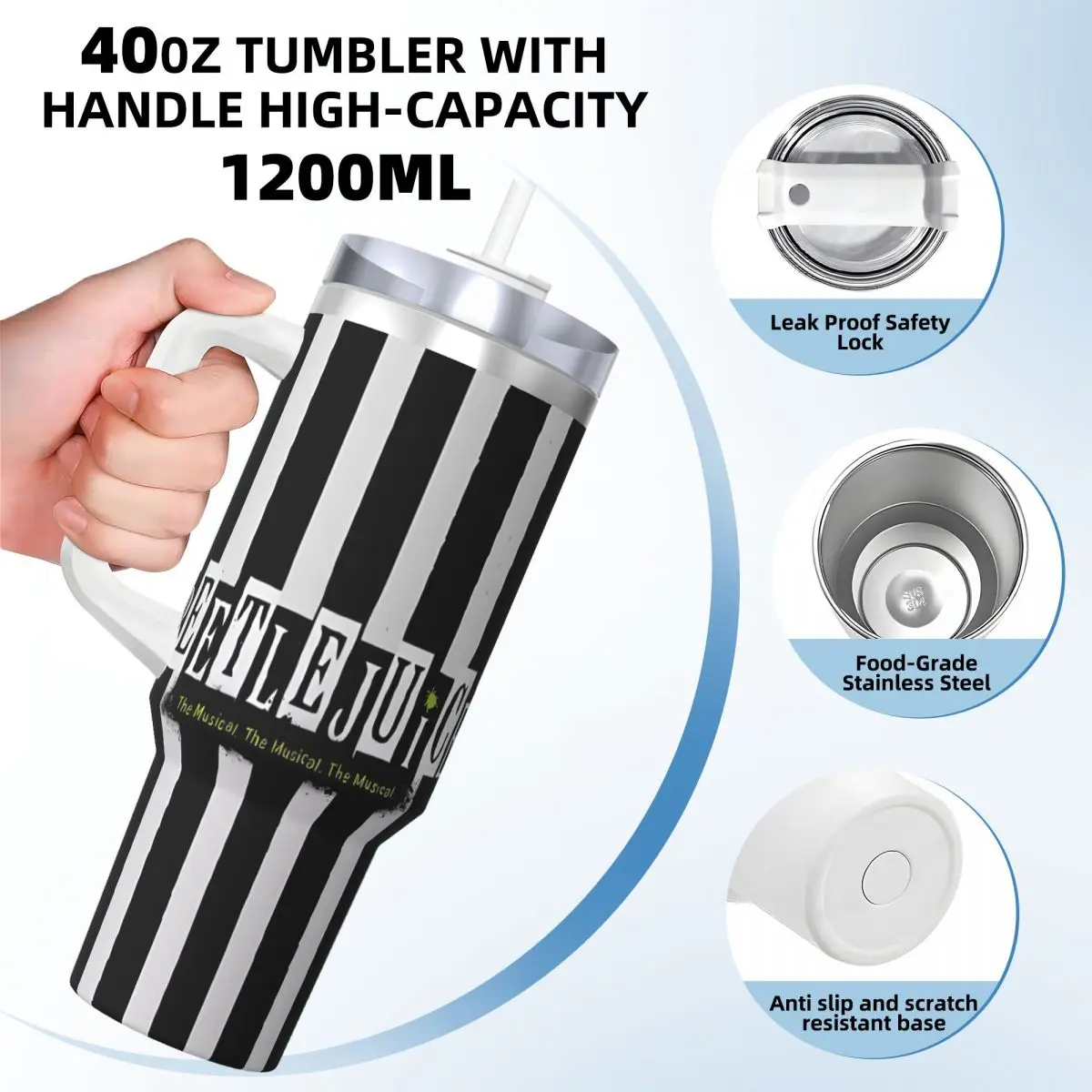 Stainless Steel Tumbler B-Beetlejuice Logo Mugs With Straws Camping Hot Drinks Water Bottle Insulated Large Capacity Coffee Mug