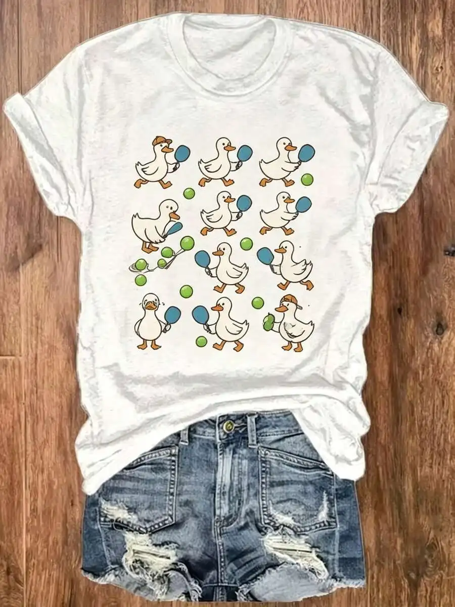 Women Cute Cartoon Duck Playing Tennis Print Short Sleeve T Shirt Casual Summer Daily Wear Trendy Summer Outfit Top