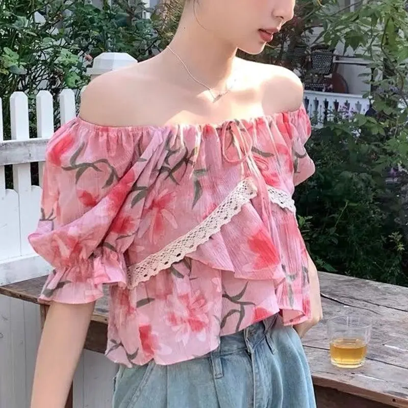 Fashion Lace Ruffles Spliced Blouse Women\'s Clothing Sweet Drawstring Broken Flowers 2024 Summer V-Neck Loose Short Sleeve Shirt