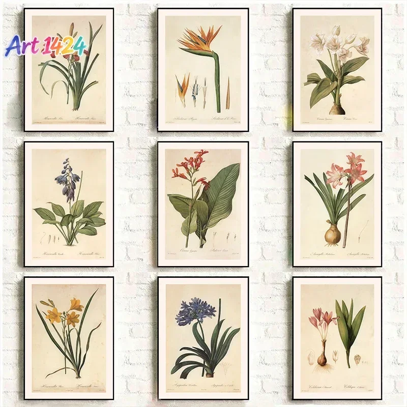 1pc frameless canvas painting Vintage Classic Rhizome Knowledge Plant Flowers Illustration Poster Canvas Painting Wall Art Pi
