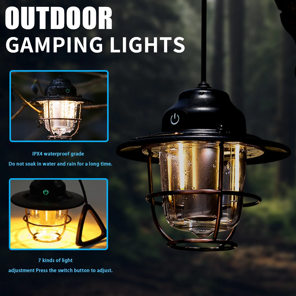 retro hanging led camping lamp tent lamp portatil usb recarregavel caminhada piquenique luz de acampamento impermeavel lanterna de emergencia 01