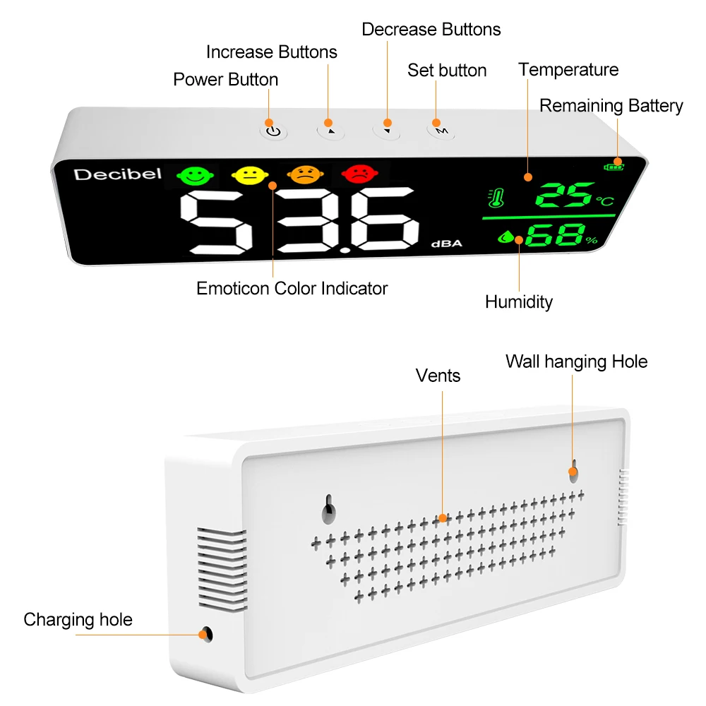 Decibel Meter Intelligent Wall Mounted Decibel Sound Level Meter Noise Detector Temperature Humidity Gas Detector Decibel Meter