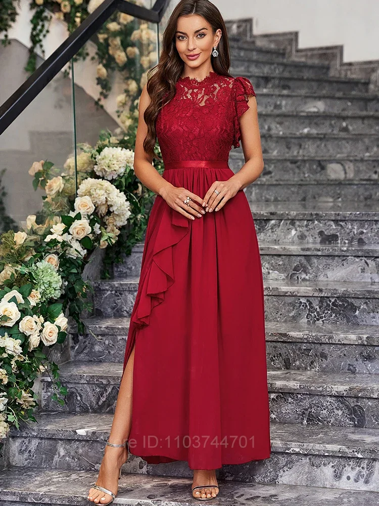 Vestidos de Noche para mujer, vestido largo elegante de cintura alta con cuello redondo, vestido de moda para fiesta y boda, vestido de gasa de encaje empalmado 2024