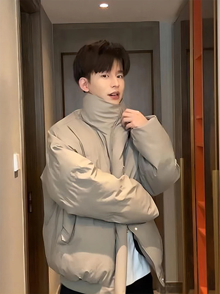 

Men's ort PU Leather down Cotton Jaet Brown Winter Warm Workwear Coat Couple's Bread Sle Anti-Cold Casual Faion