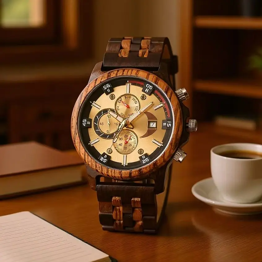 

Luxury Men Wooden Quartz Watches Multifunction Big Dial Calendar Ebony Zebra Wood Watch Male Fashion Casual Business Clock Gift