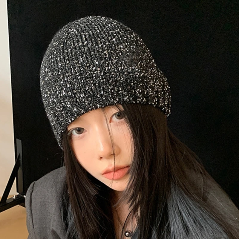 Black Sequins Hat Skull Hat Fashionable Cool Eye-Catching Adjustable Unisex Party Sparkling Sequins Hat Black Clubwear