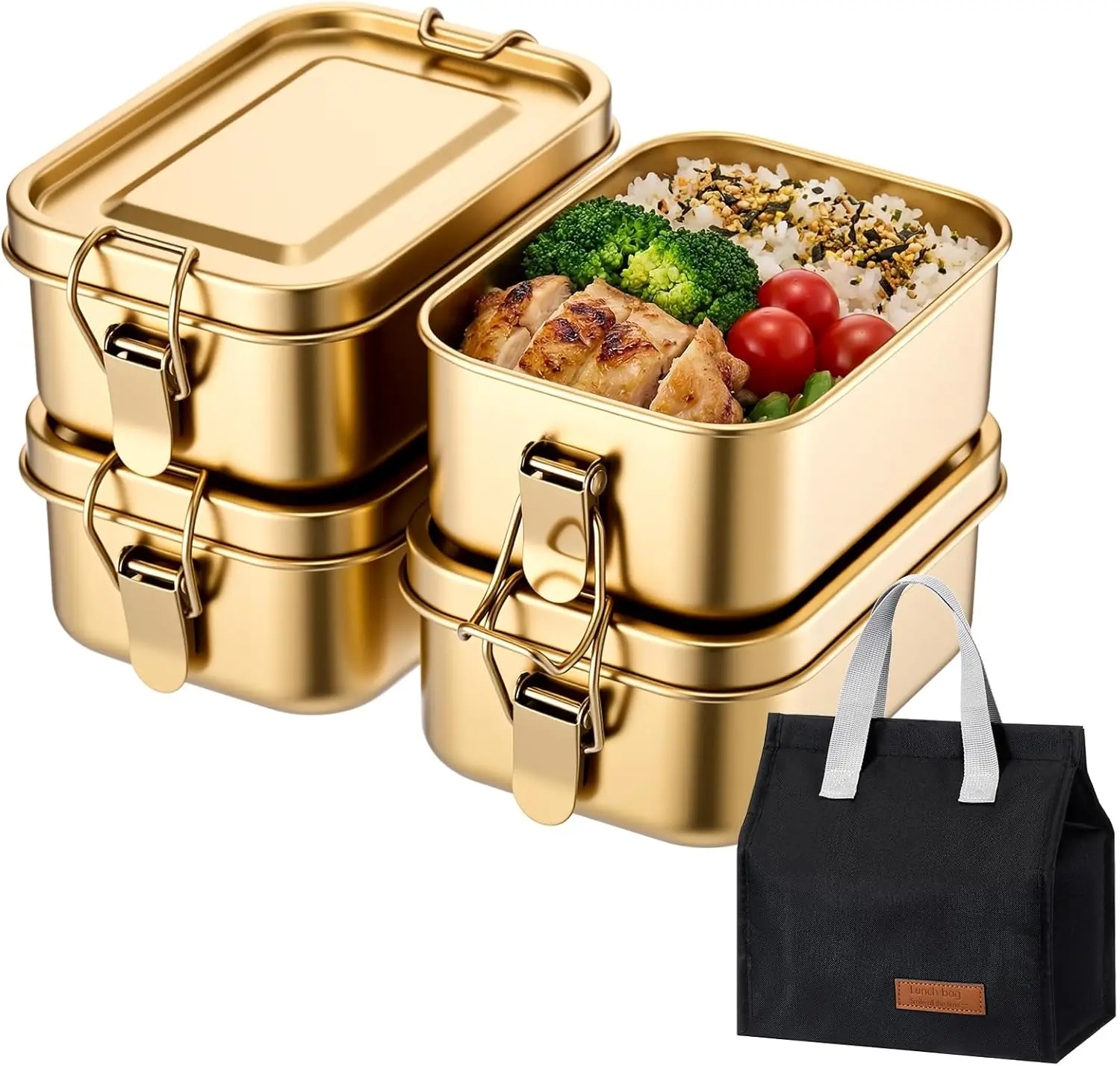 

4 Pcs Golden Stainless Steel Bento Box 550ml, Metal Lunch Box Food Storage Containers with Lunch Bag, Lockable Clips to Leak