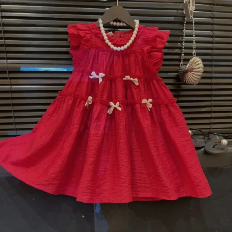 

Girls' Red Little Flutter Sleeve Lace Dress Summer Baby Vacation Style Textured Pleated Cake Dress