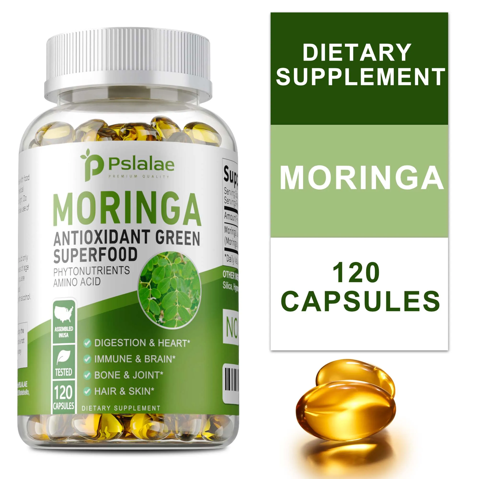 

Moringa Capsules - Helps Heart and Brain Health, Promotes Digestive Health, Cell Repair, Boosts Vitality and Immunity, Non-GMO