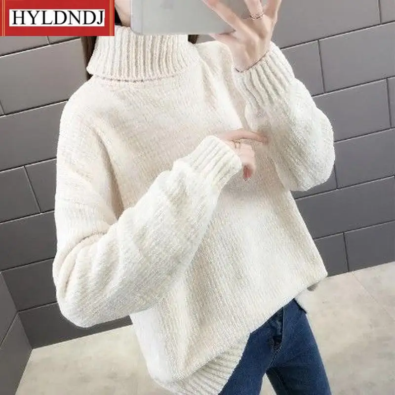 Women Autumn and Winter 2023 Fashion New Chenille Turtleneck Sweater Loose Solid Color Long-Sleeved Pullover Knit Top