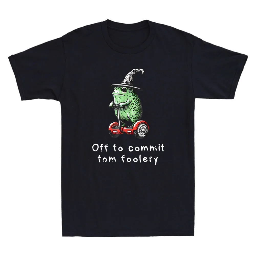 Whimsical Frog Wizard Off To Commit Tom Foolery Frog Meme Vintage Men's T-Shirt Streetwear Graphic T Shirts Joke Quote Shirts