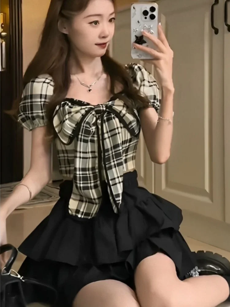 

Женский летний комплект из топа и юбки-торта с узлом Bubble Sve 2022, комплект трапециевидной формы с высокой талией, комплект из двух предметов Dr