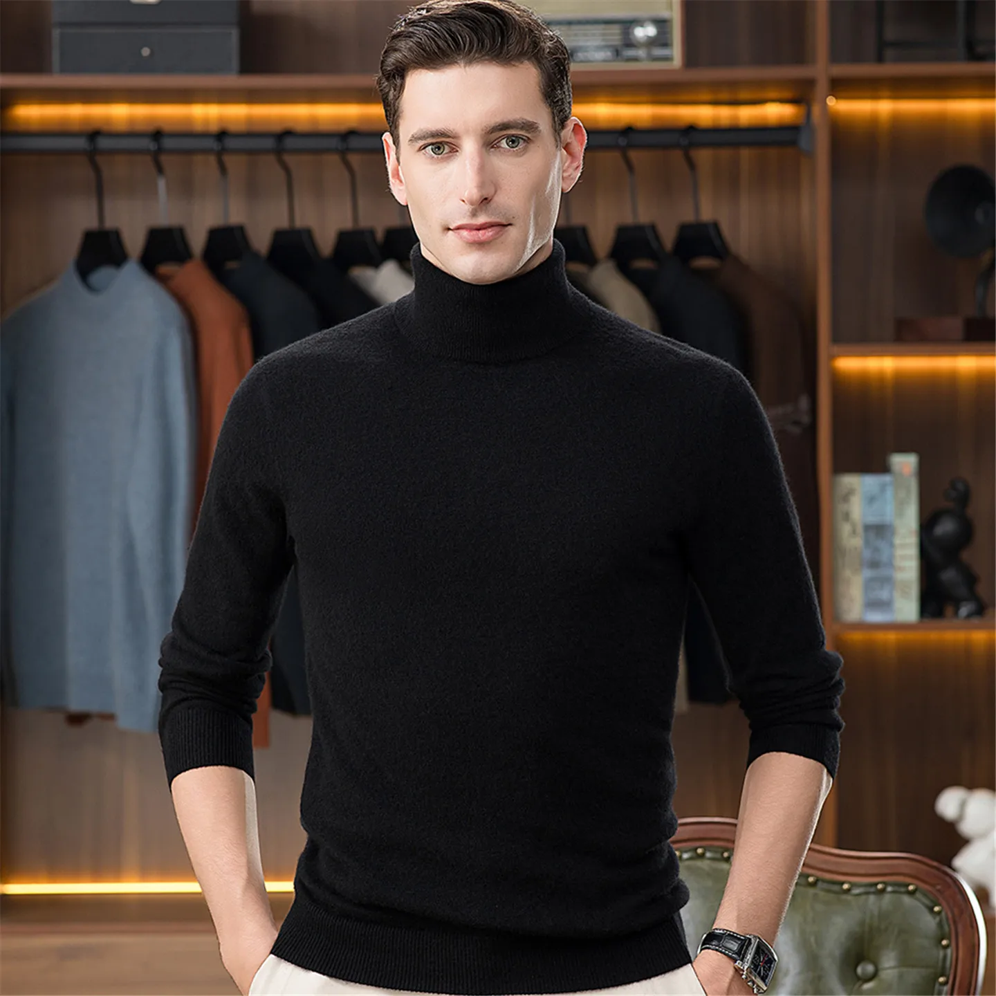 100% Pure Cashmere Sweater Men's Winter Thick Warm Sweater Middle-Aged Turtleneck Knitting Bottoming