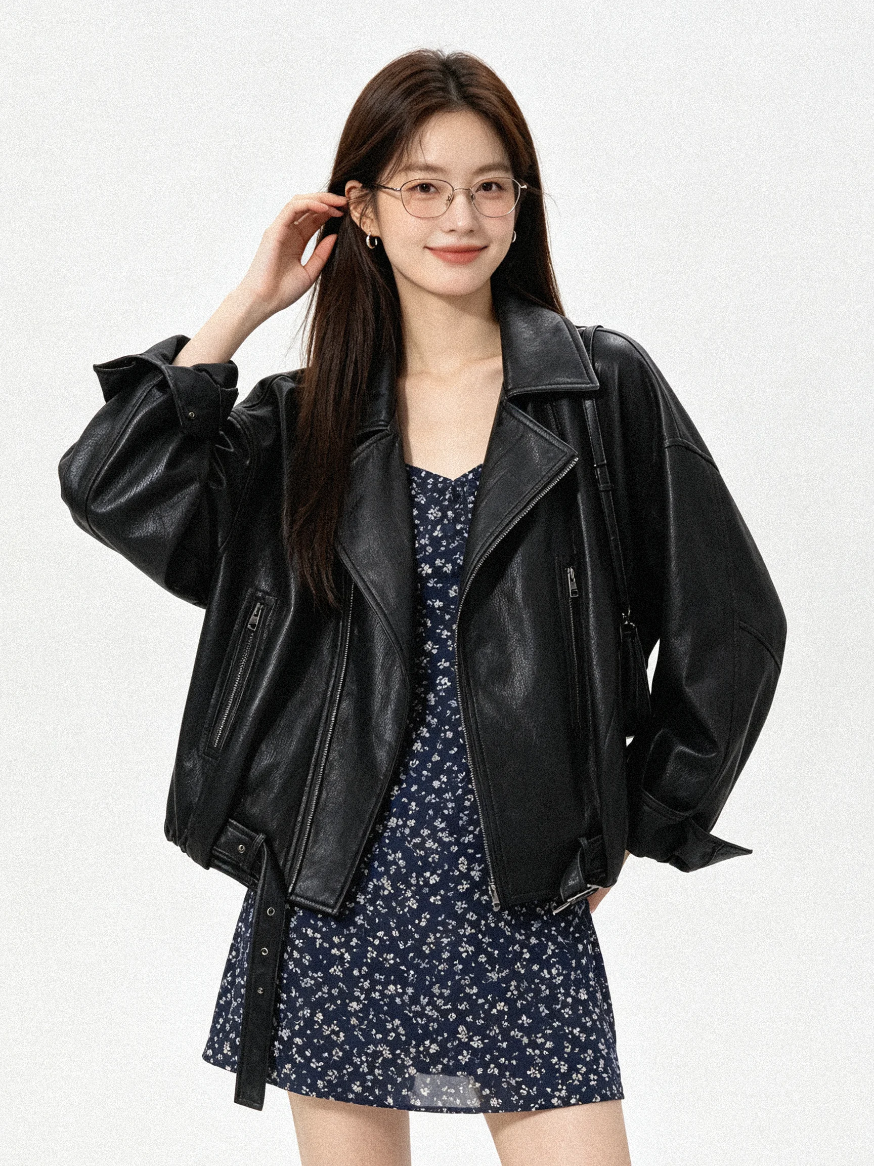 2026 New American Style Motorcycle Leather Jacket Women's PU Short Coat Loose Collar Slimming Versatile Korean Standard Fit