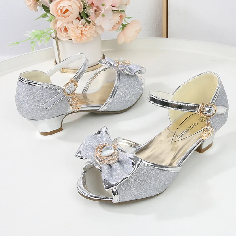 New Girl's High Heel Shoes for Kids Party Wedding Fashion Princess Causal Dress Shoes Sequins Versatile Children's Crown Sandals