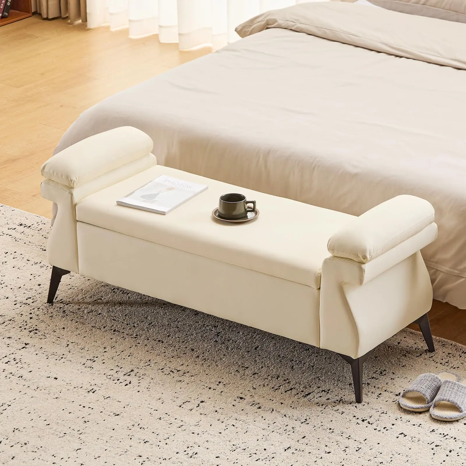 51”Leather Bench with Storage, Upholstered End of Bed Bench with Armrest Cushion, Storage Ottoman Bench for Bedroom