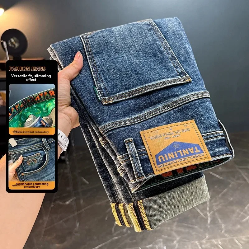 

Faionable Slim Fit Men's Jeans Elastic Casual Embroidered Pants Sli Straight Leg Cotton Blend with Stretch for Autumn